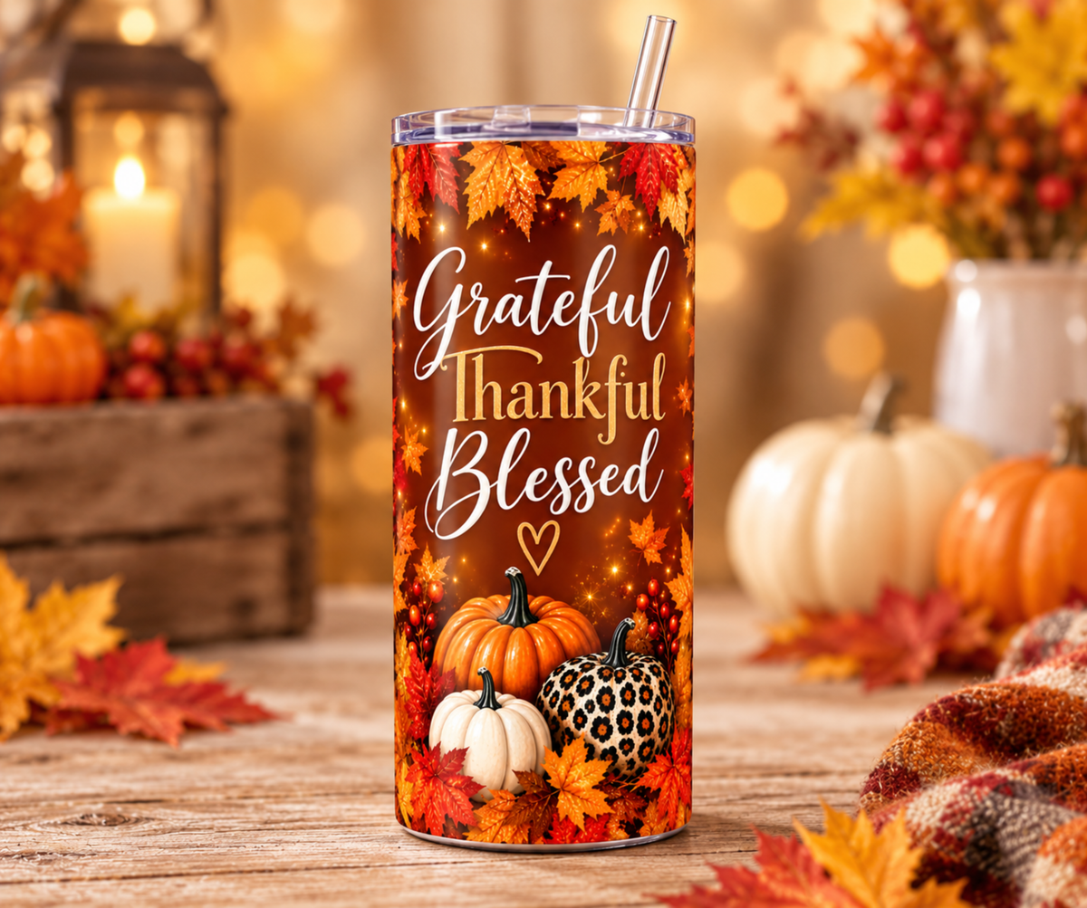Grateful, Thankful, Blessed 20 oz Skinny Tumbler