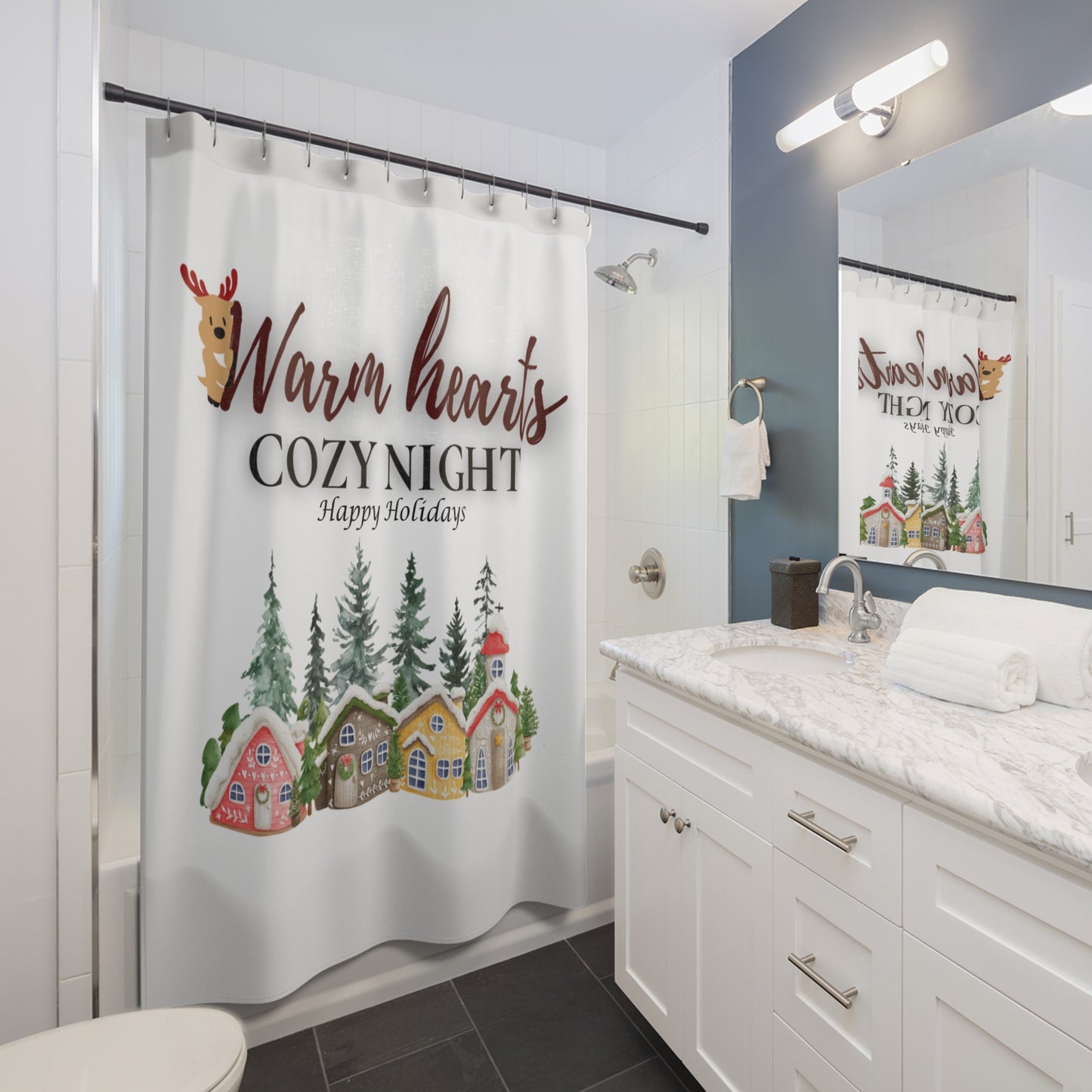 Cozy Holiday Shower Curtain - Warm Hearts & Happy Nights