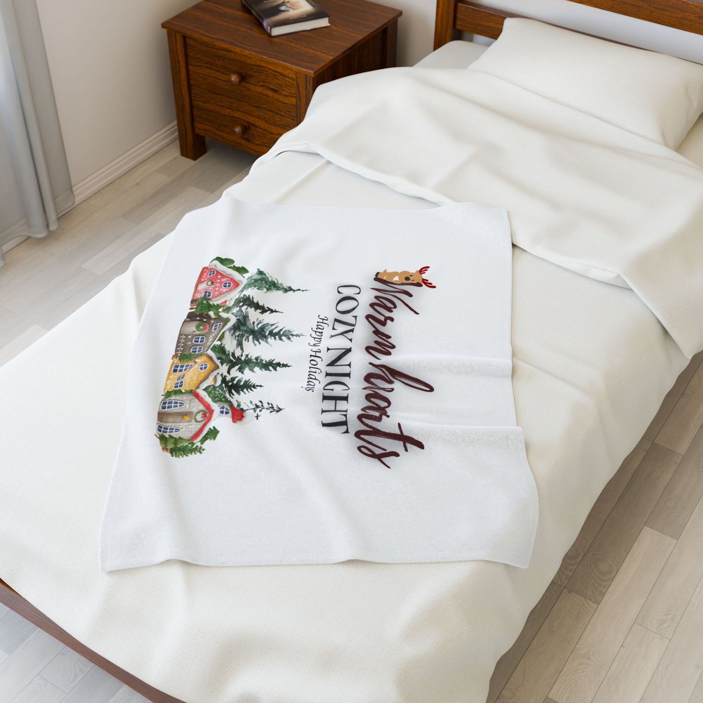 Cozy Holiday Velveteen Plush Blanket, Warm Hearts Cozy Night Decor, Gift for Winter, Home Snuggle Throw, Christmas Blanket