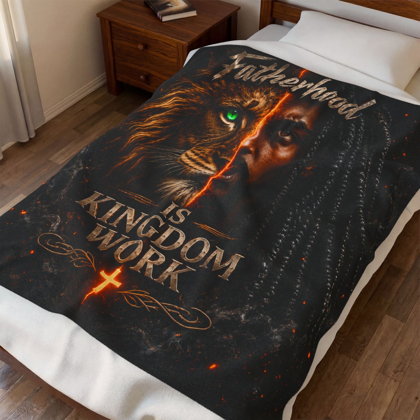 Fatherhood Is Kingdom Work Velveteen Plush Blanket — Christian Lion Design, Inspirational Gift for Dads