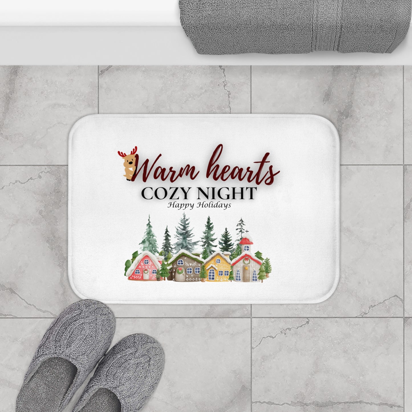 Cozy Night Holiday Bath Mat - Warm Hearts Design