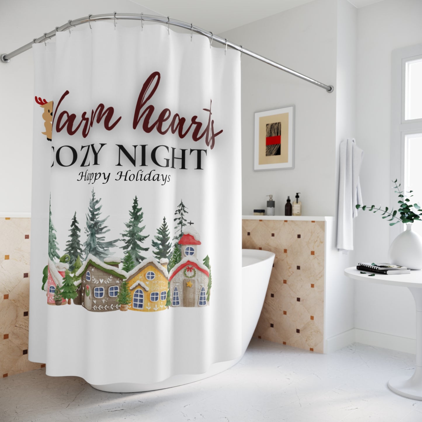 Cozy Holiday Shower Curtain - Warm Hearts & Happy Nights