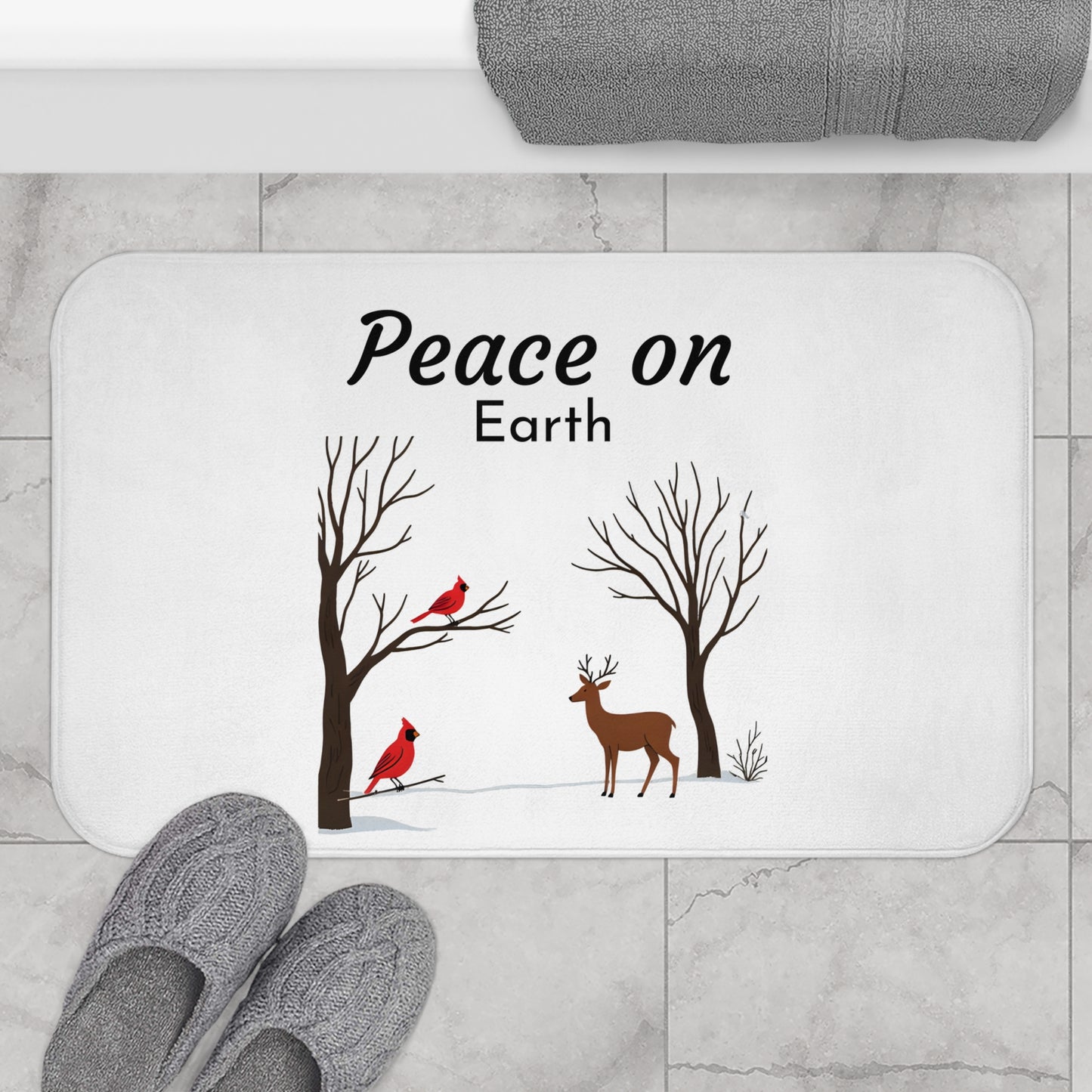 Winter Theme Bath Mat with 'Peace on Earth' Design