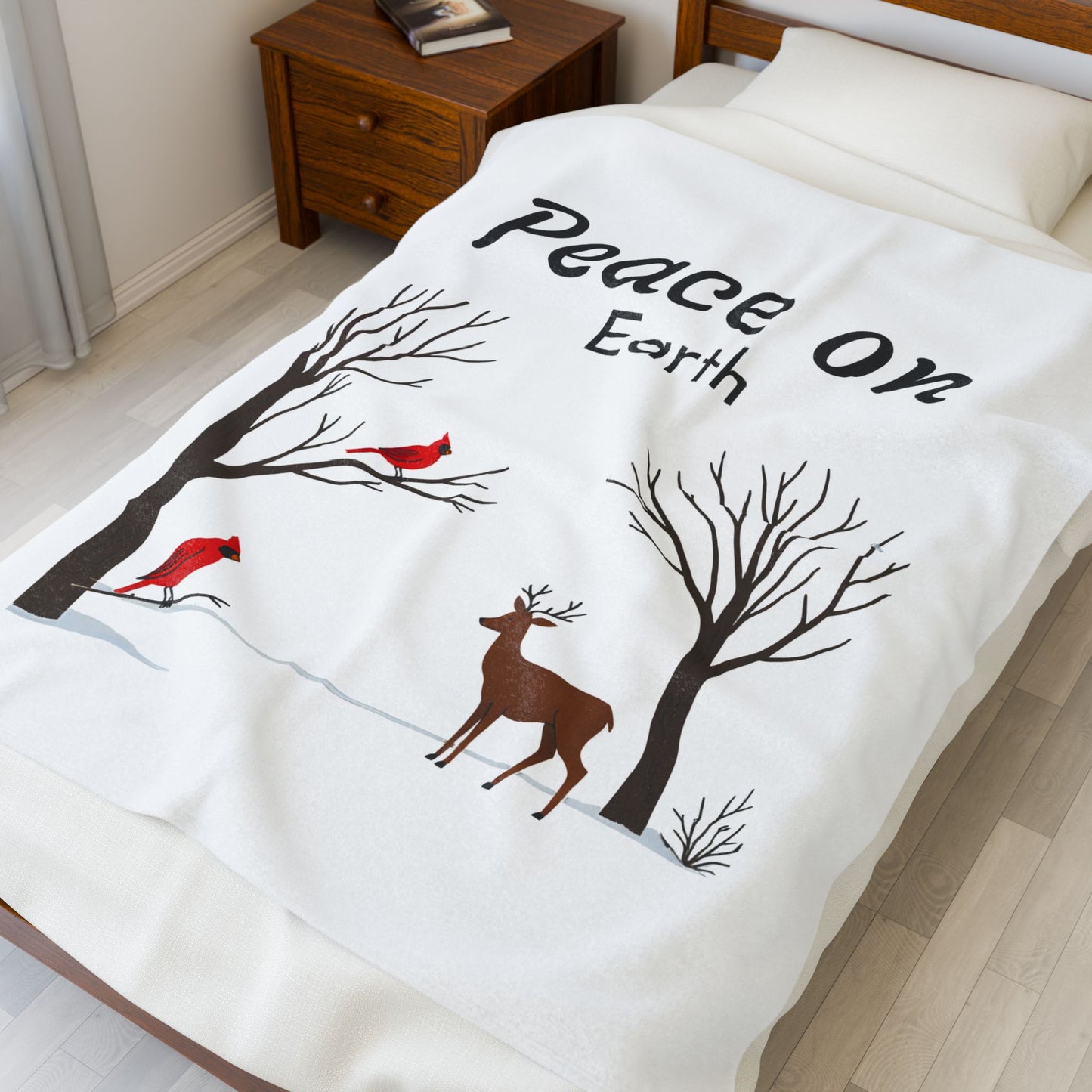 Cozy Holiday Velveteen Plush Blanket | Peace on Earth Design for Comfort, Gift for Christmas, Winter Decor, Home, Cozy Nights