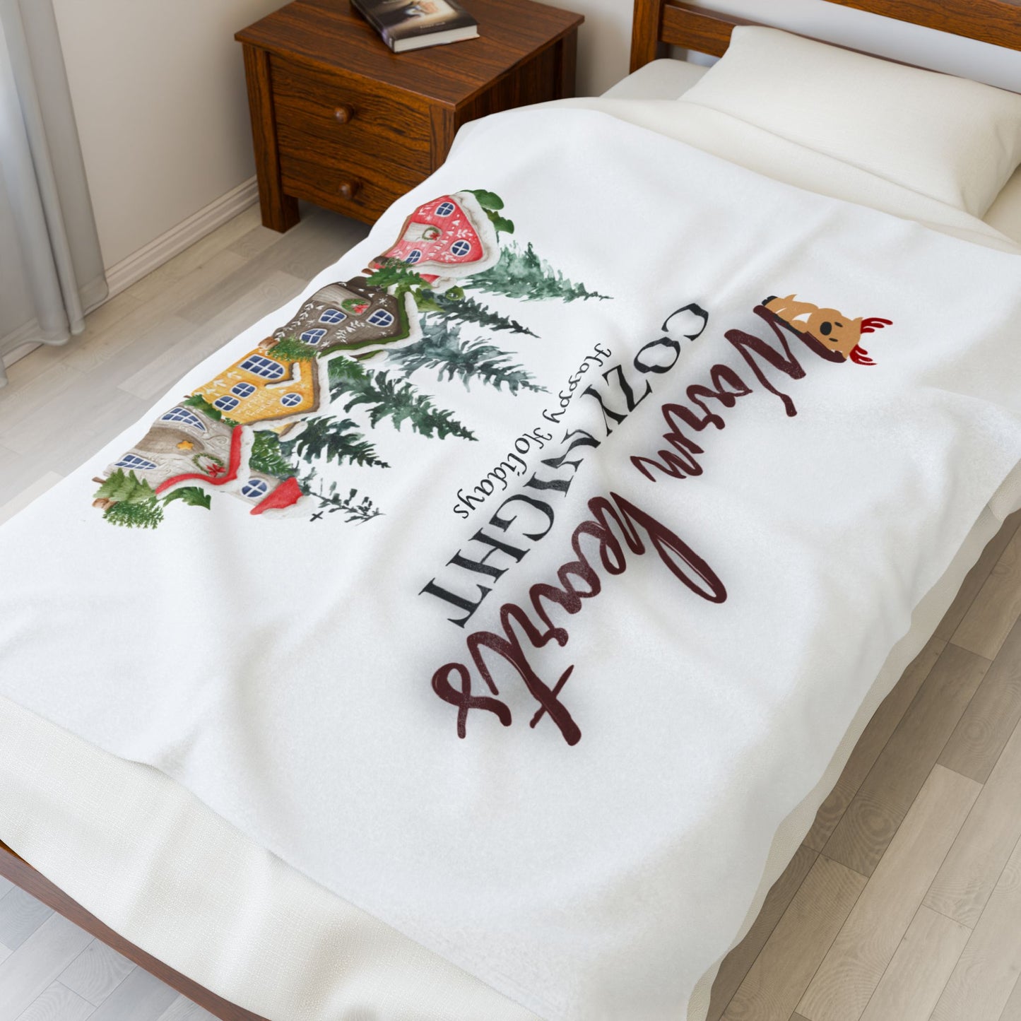 Cozy Holiday Velveteen Plush Blanket, Warm Hearts Cozy Night Decor, Gift for Winter, Home Snuggle Throw, Christmas Blanket