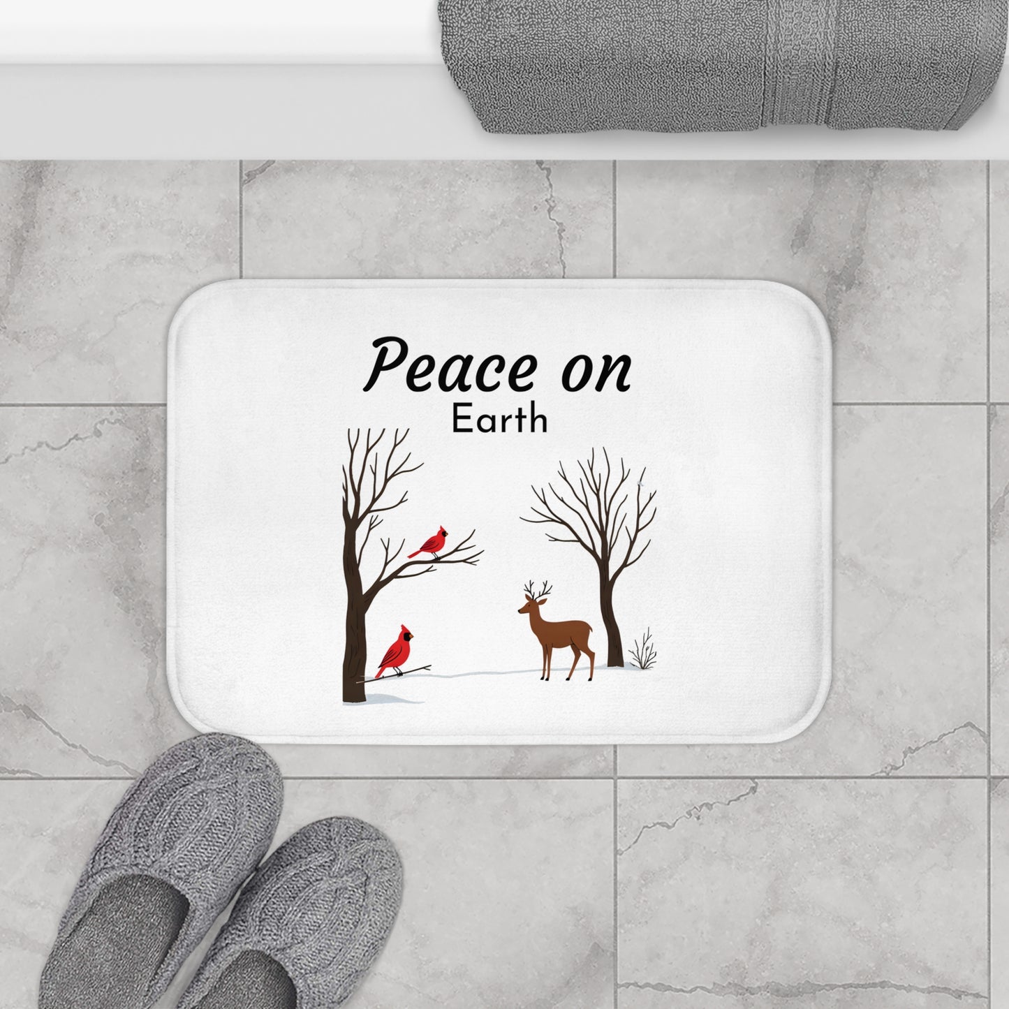 Winter Theme Bath Mat with 'Peace on Earth' Design
