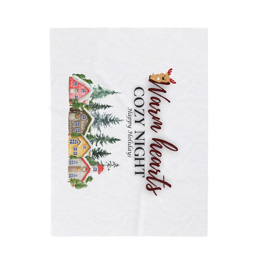 Cozy Holiday Velveteen Plush Blanket, Warm Hearts Cozy Night Decor, Gift for Winter, Home Snuggle Throw, Christmas Blanket