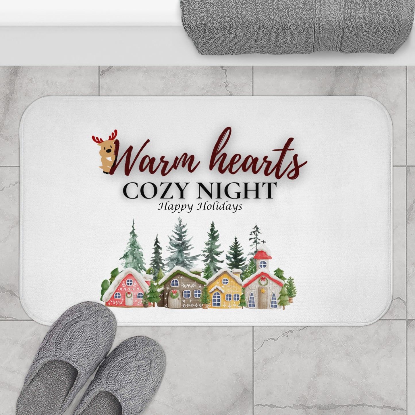 Cozy Night Holiday Bath Mat - Warm Hearts Design