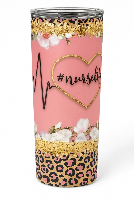 NurseLife 20 oz Skinny Tumbler – Pink Floral Leopard Print | Nurse Gift
