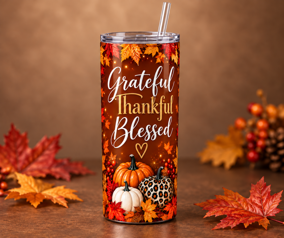 Grateful, Thankful, Blessed 20 oz Skinny Tumbler