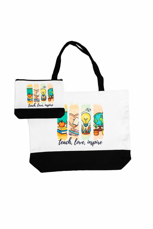 Teach, Love, Inspire” Teacher Tote Bag and Cosmetic Bag Set
