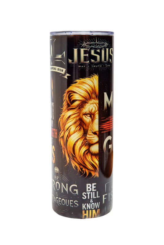Man of God 20 oz Skinny Tumbler – Bold Christian Tumbler for Men | Faith, Strength & Scripture Design