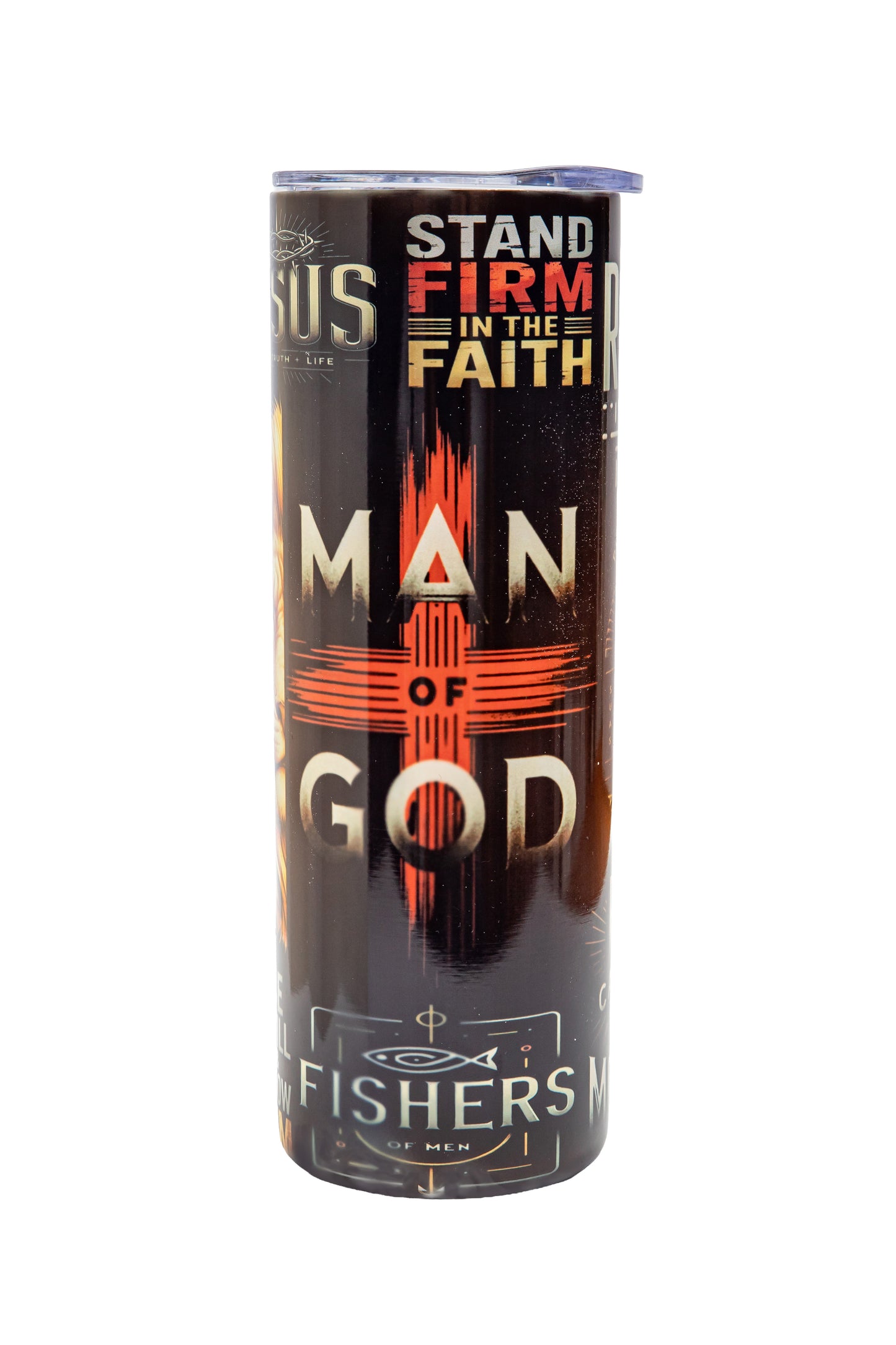 Man of God 20 oz Skinny Tumbler – Bold Christian Tumbler for Men | Faith, Strength & Scripture Design